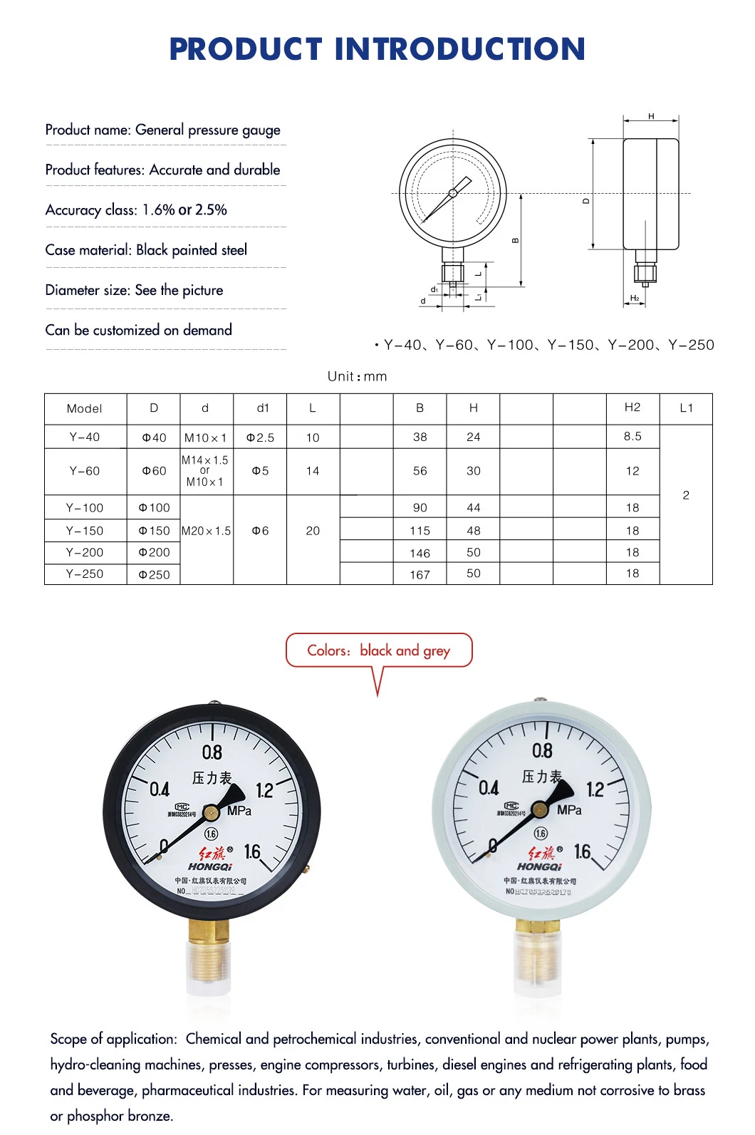 Hongqi 4" Standard Pressure Gauge M20*1.5 NPT1/2 G1/2